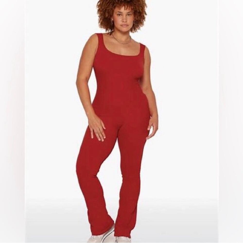 Set Active Ribbed Knit Red Flare Jumpsuit One Piece Onesie Size Small